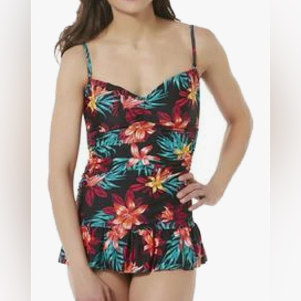 Tropical Escape Black One-Piece Swimsuit with Pink, Red and Yellow Floral Print - Picture 11 of 11